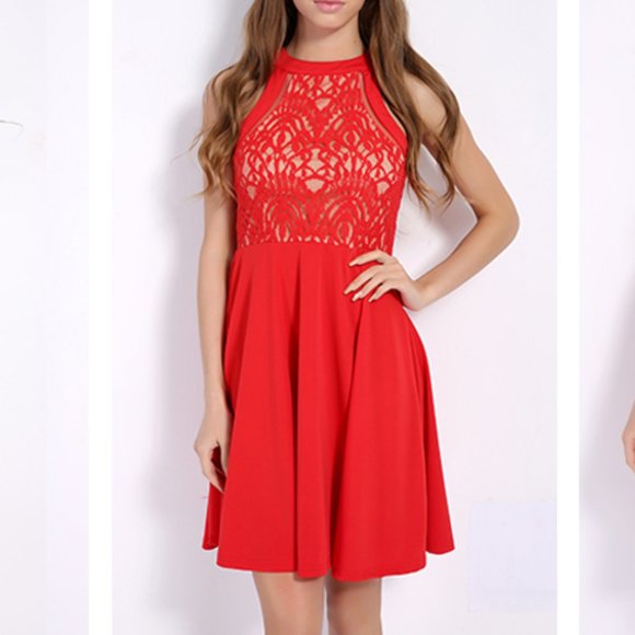 PZZ Beach Red Floral Lace Halter Swing Dress - Picture 1 of 12